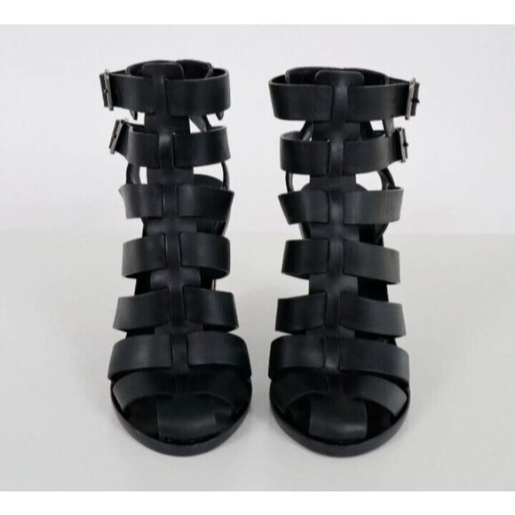 Vince Sandals Caged Strappy Nicolette Womens 8M 38 Black Leather Block High Heel - Picture 7 of 16